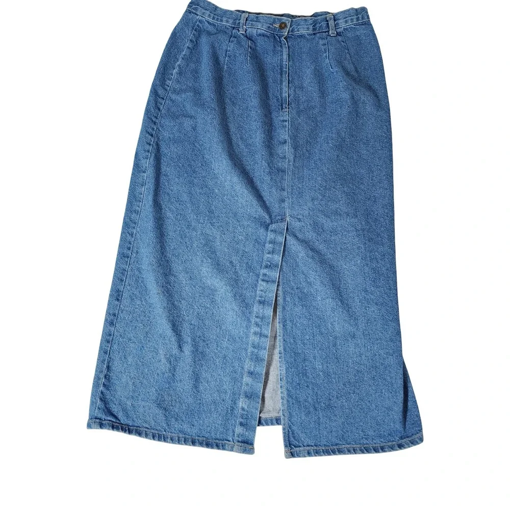 BLUEZONE Vintage 90s Denim Maxi Skirt Blue Cotton High Waist Front Slit USA 14W - Picture 9 of 14